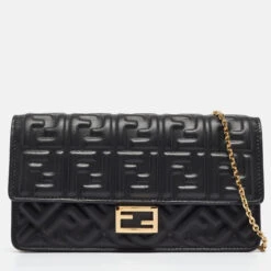 The Luxury Closet FENDI Black Zucca Embossed Leather Baguette Wallet On Chain