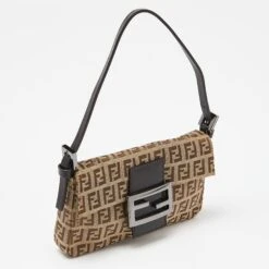 The Luxury Closet FENDI Fatigue Beige/Brown Zucchino Canvas And Leather Baguette Bag -Best Jewelry Store luxury women fendi used handbags p992826 011