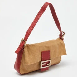 The Luxury Closet FENDI Beige/Red Canvas And Leather Flap Baguette Bag -Best Jewelry Store luxury women fendi used handbags p992927 1718178966 009