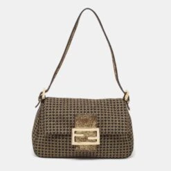 The Luxury Closet FENDI Gold/Black Printed Fabric And Leather Mini Mama Baguette Bag