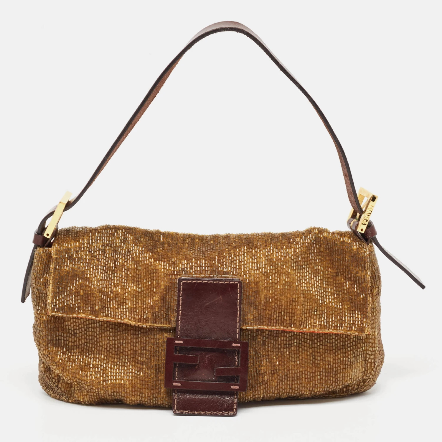 The Luxury Closet FENDI Brown Beaded And Leather Baguette Bag 3 The Luxury Closet FENDI Brown Beaded And Leather Baguette Bag