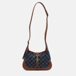 The Luxury Closet GUCCI Blue/Brown GG Denim And Leather Small Jackie 1961 Hobo