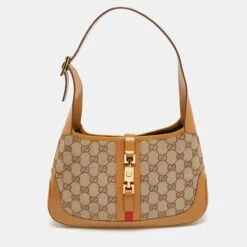 The Luxury Closet GUCCI Beige/Brown GG Canvas And Leather Small Jackie Hobo