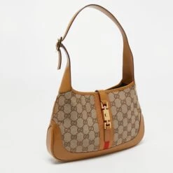 The Luxury Closet GUCCI Beige/Brown GG Canvas And Leather Small Jackie Hobo -Best Jewelry Store luxury women gucci used handbags p749085 004