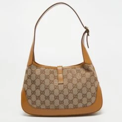 The Luxury Closet GUCCI Beige/Brown GG Canvas And Leather Small Jackie Hobo -Best Jewelry Store luxury women gucci used handbags p749085 005