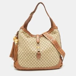 The Luxury Closet GUCCI Brown/Light Beige Diamante Raffia And Leather Large New Jackie Hobo