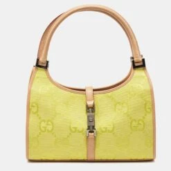 The Luxury Closet GUCCI Natural/Neon Yellow/ Jumbo GG Canvas Jackie Tote W/ Wallet