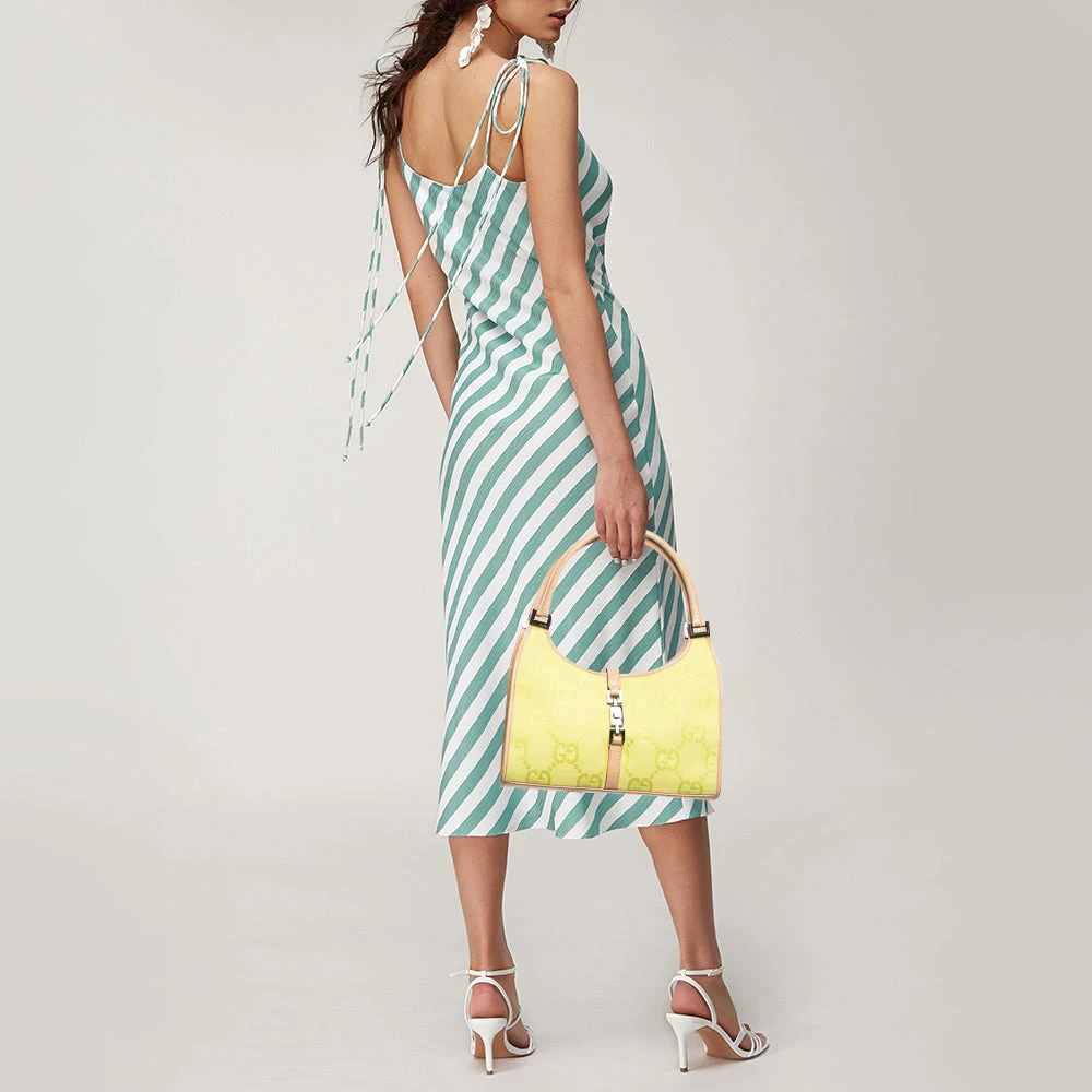 The Luxury Closet GUCCI Natural/Neon Yellow/ Jumbo GG Canvas Jackie Tote W/ Wallet 4 The Luxury Closet GUCCI Natural/Neon Yellow/ Jumbo GG Canvas Jackie Tote W/ Wallet - Image 2