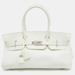 The Luxury Closet Hermes Blanc Taurillion Clemence Leather Palladium Finished Shoulder Birkin JPG 42 Bag