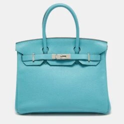 The Luxury Closet Hermes Blue Saint Cyr Taurillon Clemence Leather Palladium Finish Birkin 30 Bag