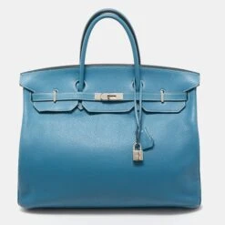 The Luxury Closet HERMES Bleu Jean Togo Leather Palladium Finish Birkin 40 Bag