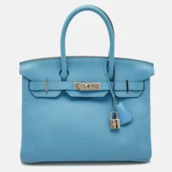The Luxury Closet HERMES Celeste Taurillion Clemence Leather Palladium Finish Birkin 30 Bag