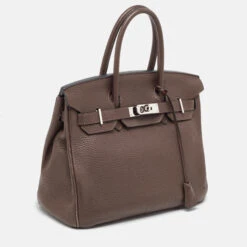 The Luxury Closet HERMES Chocolat Taurillon Clemence Leather Palladium Finish Birkin 30 Bag -Best Jewelry Store luxury women hermes used handbags p990443 001