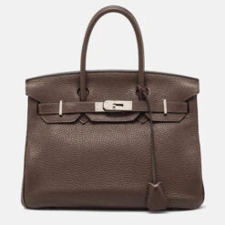 The Luxury Closet HERMES Chocolat Taurillon Clemence Leather Palladium Finish Birkin 30 Bag