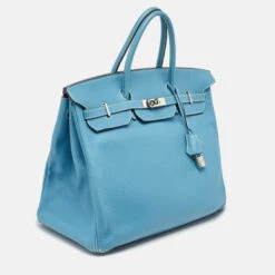 The Luxury Closet HERMES Bleu Jean Taurillon Clemence Leather Palladium Finish Birkin 40 Bag -Best Jewelry Store luxury women hermes used handbags p993636 002