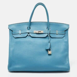 The Luxury Closet HERMES Bleu Jean Taurillon Clemence Leather Palladium Finish Birkin 40 Bag
