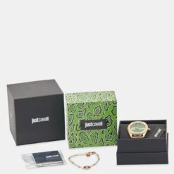 The Luxury Closet JUST CAVALLI Green Gold Plated Stainless Steel Crystal Brillante JC1L195M0075 Women's Wristwatch Set 34 Mm -Best Jewelry Store luxury women just cavalli new watches p993147 004