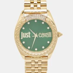The Luxury Closet JUST CAVALLI Green Gold Plated Stainless Steel Crystal Brillante JC1L195M0075 Women's Wristwatch Set 34 Mm -Best Jewelry Store luxury women just cavalli new watches p993147 008