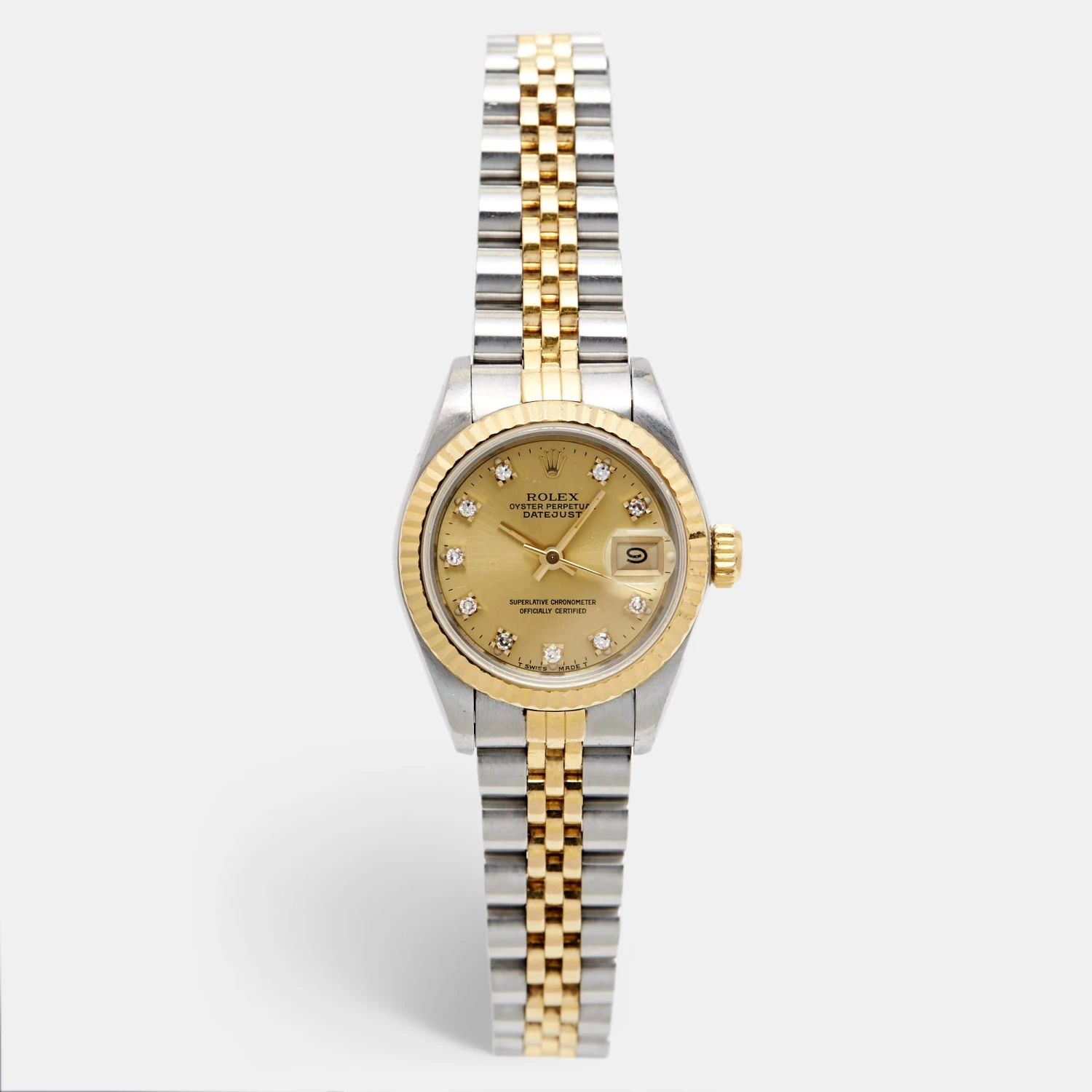 The Luxury Closet ROLEX Champagne Diamonds 18K Yellow Gold Stainless Steel Datejust 69173 Women's Wristwatch 26 Mm 3 The Luxury Closet ROLEX Champagne Diamonds 18K Yellow Gold Stainless Steel Datejust 69173 Women's Wristwatch 26 Mm