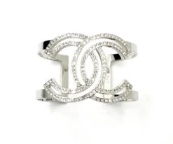 Lar Vintage CHANEL Classic Silver CC Square Round Crystal Cutout Double Cuff Bracelet