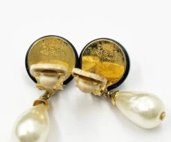 Lar Vintage CHANEL Vintage Gold Plated CC Black Round Pearl Dangle Clip On Earrings -Best Jewelry Store vin gp cc blk round pearl dangle clip 3