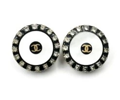 Lar Vintage CHANEL Vintage Gold Plated CC Mother Of Pearl Crystal Rim Clip On Earrings