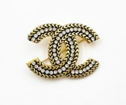 Lar Vintage CHANEL Vintage Gold Plated CC Greek Black Crystal Brooch