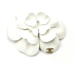 Lar Vintage CHANEL White Camellia Gold CC Large Brooch