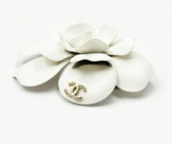 Lar Vintage CHANEL White Camellia Gold CC Large Brooch -Best Jewelry Store wht camellia sil cc lg br 3