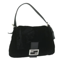 Brand Street FENDI Mamma Baguette Shoulder Bag Velor Black Auth Yk10069