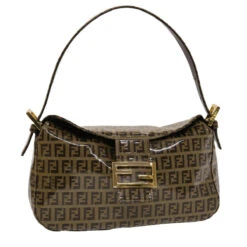 Brand Street FENDI Zucchino Canvas Mamma Baguette Shoulder Bag Brown Auth Yk7943